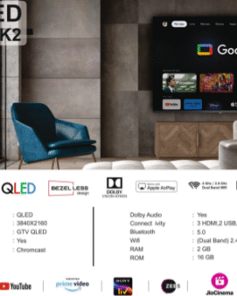 AI65GTQ4K2 65-Inch QLED UHD Bezel-less Google TV | HDR10, Dolby Audio, Chromecast, Dual-Band WiFi, 2GB/16GB